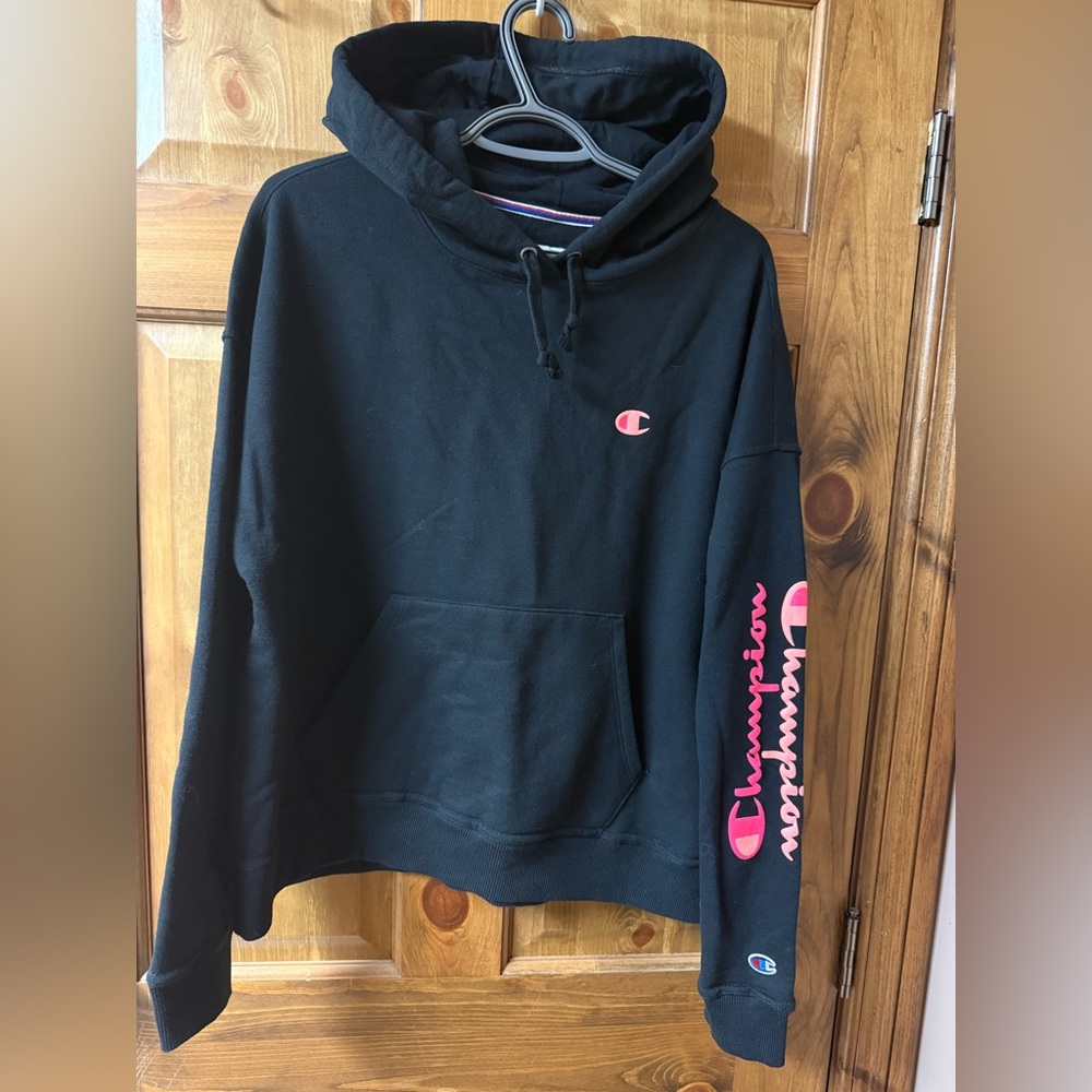Champion Black and Pink Logo Hoodie